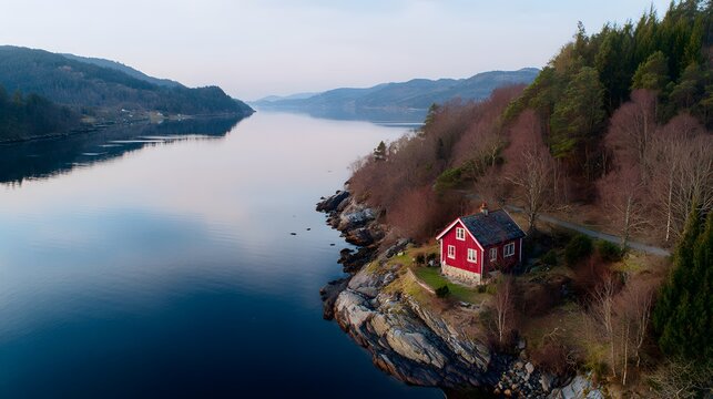 Serene lakeside retreat a picturesque red house on rocky shores gentle hills soft light landscape - Powered by Adobe