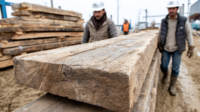 Workers carrying lumber planks at construction site.