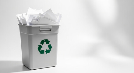 Recycling bin filled with paper waste on white background  