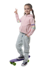 Cute little girl with penny board showing peace sign on white background