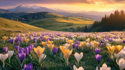 An enchanting meadow bursting with soft yellow and lavender crocuses