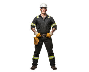 Industrial safety compliance workforce profile, field technician in full protective gear for workplace risk communication and blue collar staffing recruitment in construction plus heavy industry