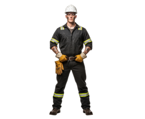 Industrial safety compliance workforce profile, field technician in full protective gear for workplace risk communication and blue collar staffing recruitment in construction plus heavy industry