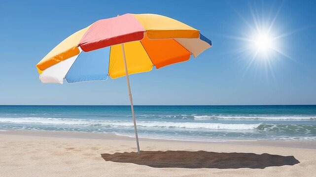 Single colorful beach parasol standing on the sand of a beautiful deserted seashore. The sun shines brightly over the tranquil ocean waves