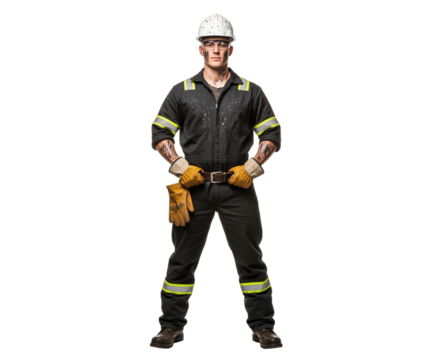 Industrial safety compliance workforce profile, field technician in full protective gear for workplace risk communication and blue collar staffing recruitment in construction plus heavy industry - Powered by Adobe