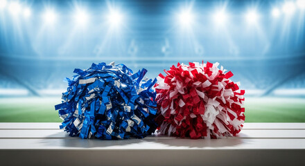 Colorful blue and red pom poms on sports stadium background  