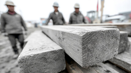Stacked wooden planks with workers in a construction site.
