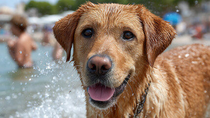 Wet dog playing at the beach with water splashing around.