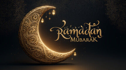Ornate golden crescent moon design with hanging lanterns and ramadan text art, Ramadan Mubarak crescent moon background