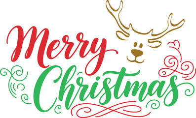 merry christmas calligraphy greeting with festive reindeer illustration and decorative holiday swirl design