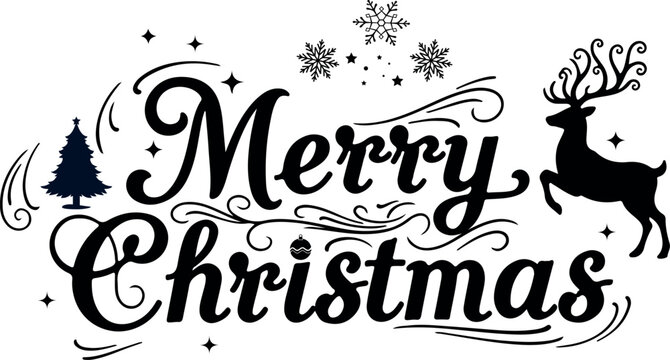 elegant merry christmas greeting with reindeer silhouette, snowflakes and festive decorative typography