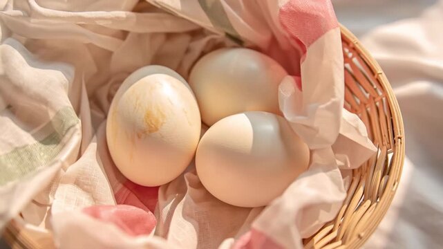 Overhead shot of three fresh white eggs nestled in a rustic wicker basket, accented with a linen cloth. Soft sunlight enhances the texture of the scene