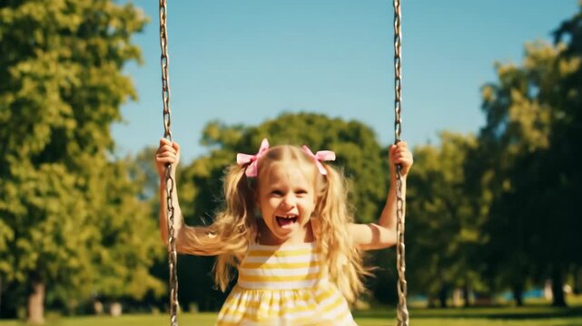 Cheerful girl on a swing set having fun in the summer park.