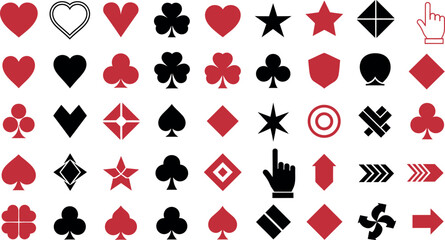 Variety of gambling and game symbols in red and black