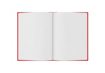 Open blank red hardcover book with clean white pages, viewed from above and isolated on transparent background for copy space
