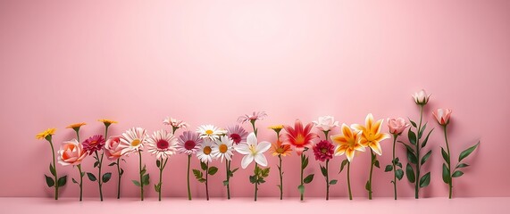 A row of colorful wildflowers arranged against a soft pink background