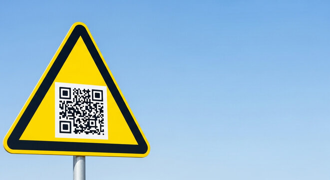 Yellow triangular caution sign with QR code against blue sky  
