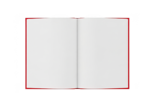 Open blank red hardcover book with clean white pages, viewed from above and isolated on transparent background for copy space