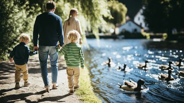 Young family with two children is seen from behind, walking hand in hand along a path by a river where ducks are swimming. The parents and their sons are happily exploring the natural surroundings