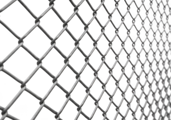Close up of a galvanized chain link fence pattern with diamond mesh structure, isolated on transparent background