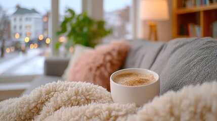 Relaxing at home: woman with eye patch resting on sofa enjoying cozy living room ambiance
