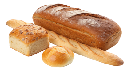 A loaf of bread and two rolls are displayed on a white background