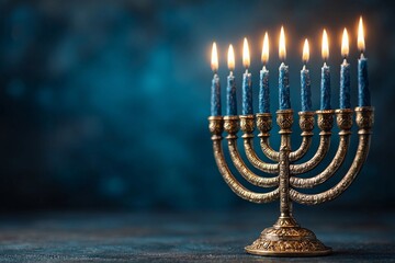 Fototapeta premium Menorah with blue candles lit in a dark room creating a serene atmosphere during a celebration of light