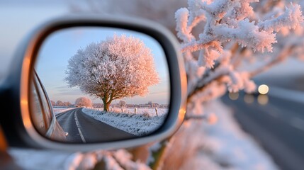 Frost-covered traffic mirror reflecting winter rural road and tree