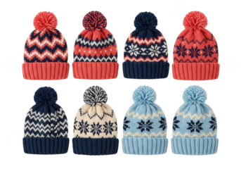 Collection of eight colorful knitted winter bobble hats with various nordic patterns, isolated on transparent background