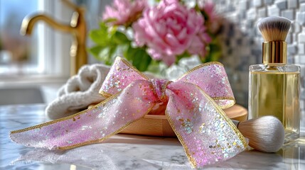 Glitter pink ribbon and cosmetic essentials on marble counter for beauty and self-care
