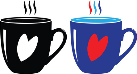 Two steaming mugs with heart shapes for a love themed coffee break