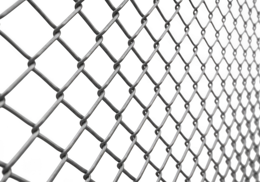 Close up of a galvanized chain link fence pattern with diamond mesh structure, isolated on transparent background