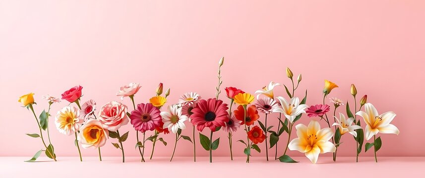 Collection of vibrant wildflowers in clear vases against a soft pink background - Powered by Adobe