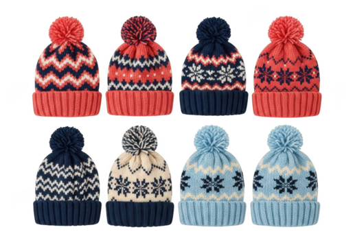 Collection of eight colorful knitted winter bobble hats with various nordic patterns, isolated on transparent background