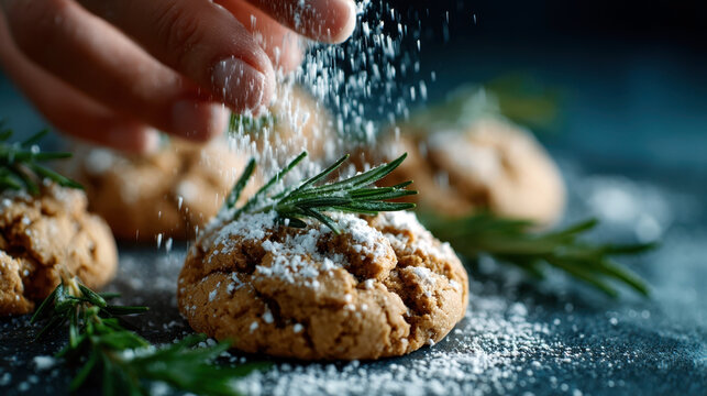 Golden baking moment with powdered cookies and fir branches for winter holiday delights
