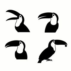 Fototapeta premium Black and white toucan bird silhouettes set, tropical jungle animal vector illustrations for nature and wildlife designs.