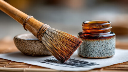 Japanese calligraphy essentials with brush and ink stone - artistic craftsmanship display