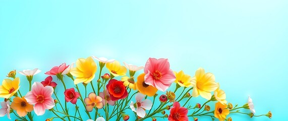 Vibrant wildflowers in various colors against a bright blue sky