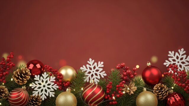 Festive christmas border with ornaments and snowflakes on red background