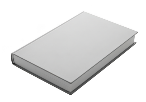 Blank hardcover book with plain light gray cover lying on its side, isolated on transparent background for copy space