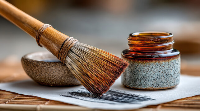 Japanese calligraphy essentials with brush and ink stone - artistic craftsmanship display