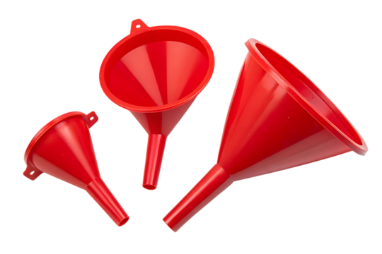 Three red plastic funnels of varying sizes on transparent background