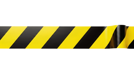 Bright yellow and black diagonal stripes warning tape isolated on transparent background