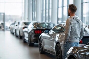 Man observes new cars in a modern dealership while planning his next vehicle purchase during the day