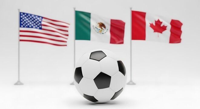 Soccer ball in front of usa mexico and canada flags on a white surface
