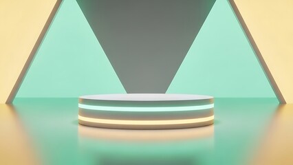 Futuristic illuminated podium with geometric background and soft lighting