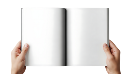 Hands holding an open blank book with white pages isolated on transparent background