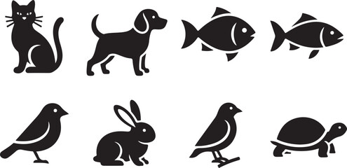 Collection of Black Animal Silhouettes: Cat, Dog, Fish, Birds, Rabbit, Turtle