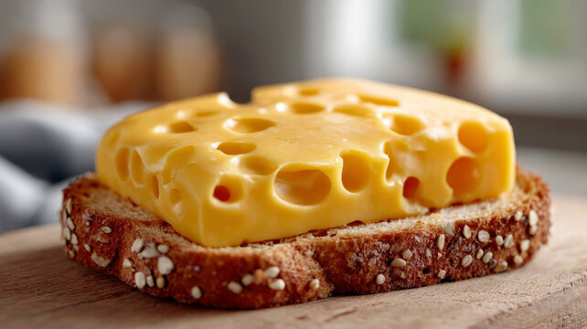 Swiss cheese slice on seeded bread for a rustic breakfast.