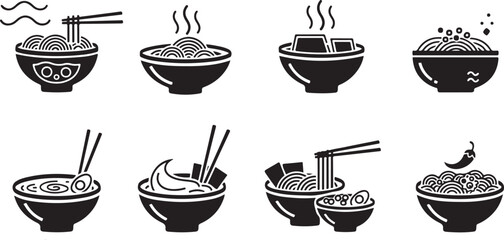 Collection of stylized black and white icons of various noodle bowls